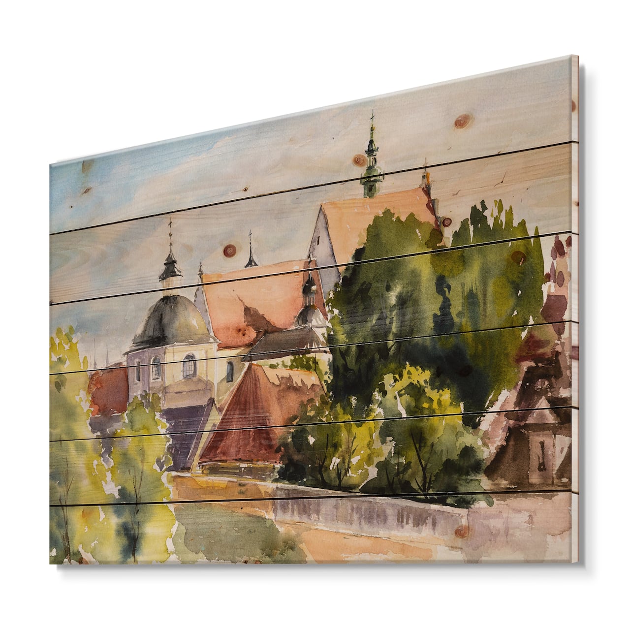 Designart - View of Old Polish City In Nature - Traditional Print on Natural Pine Wood